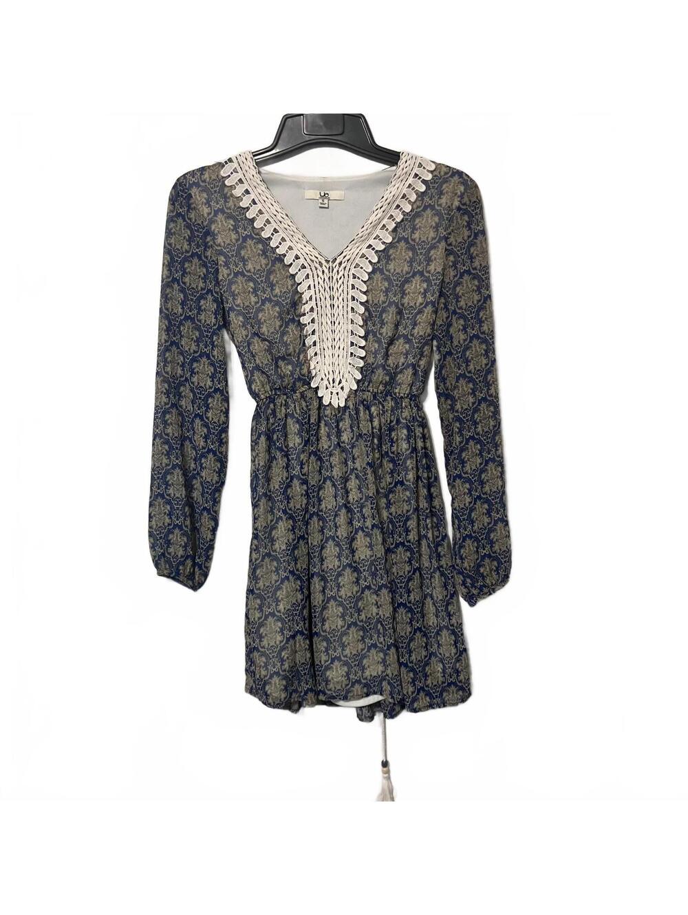 UB Los Angeles Boho Chic Blue Long Sleeve Crochet Lace Peasant Dress Small